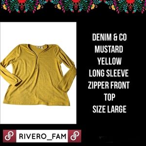 DENIM & CO | MUSTARD YELLOW | LONG SLEEVE ZIPPER FRONT TOP | SIZE LARGE
